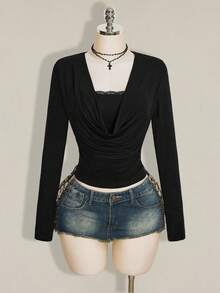 SHEIN ICON Y2k Women's Halloween Black Long Sleeve Draped Lace Patchwork Pleated Fitted Versatile Casual T-Shirt - Black - View 3