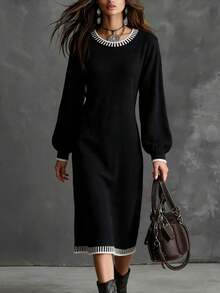 Omancia Autumn/Winter New Casual Daily Commute Black Round Neck Long Sleeve Straight A-Line White Contrast Dogtooth Trim Women's Fashion Knit Pullover Dress - Black - View 1