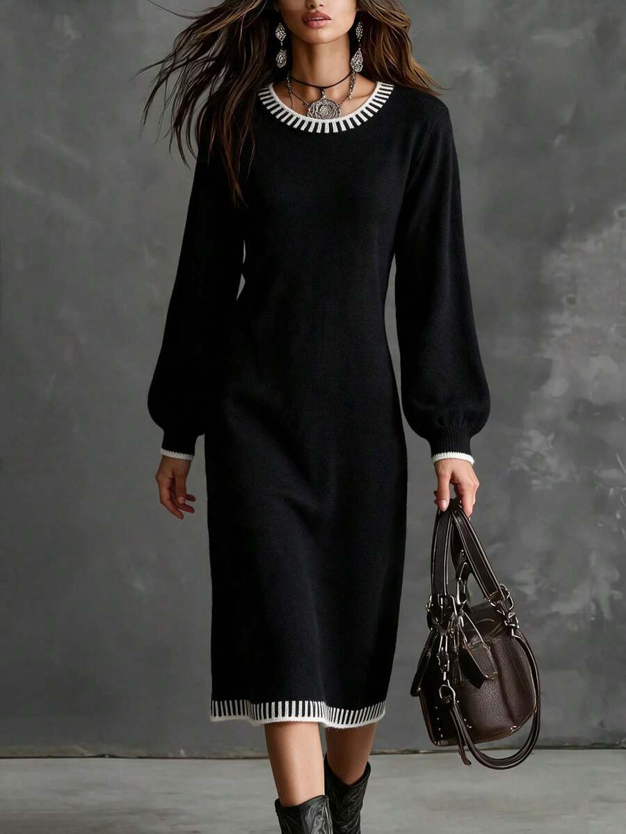 Omancia Autumn/Winter New Casual Daily Commute Black Round Neck Long Sleeve Straight A-Line White Contrast Dogtooth Trim Women's Fashion Knit Pullover Dress - Black - View 1