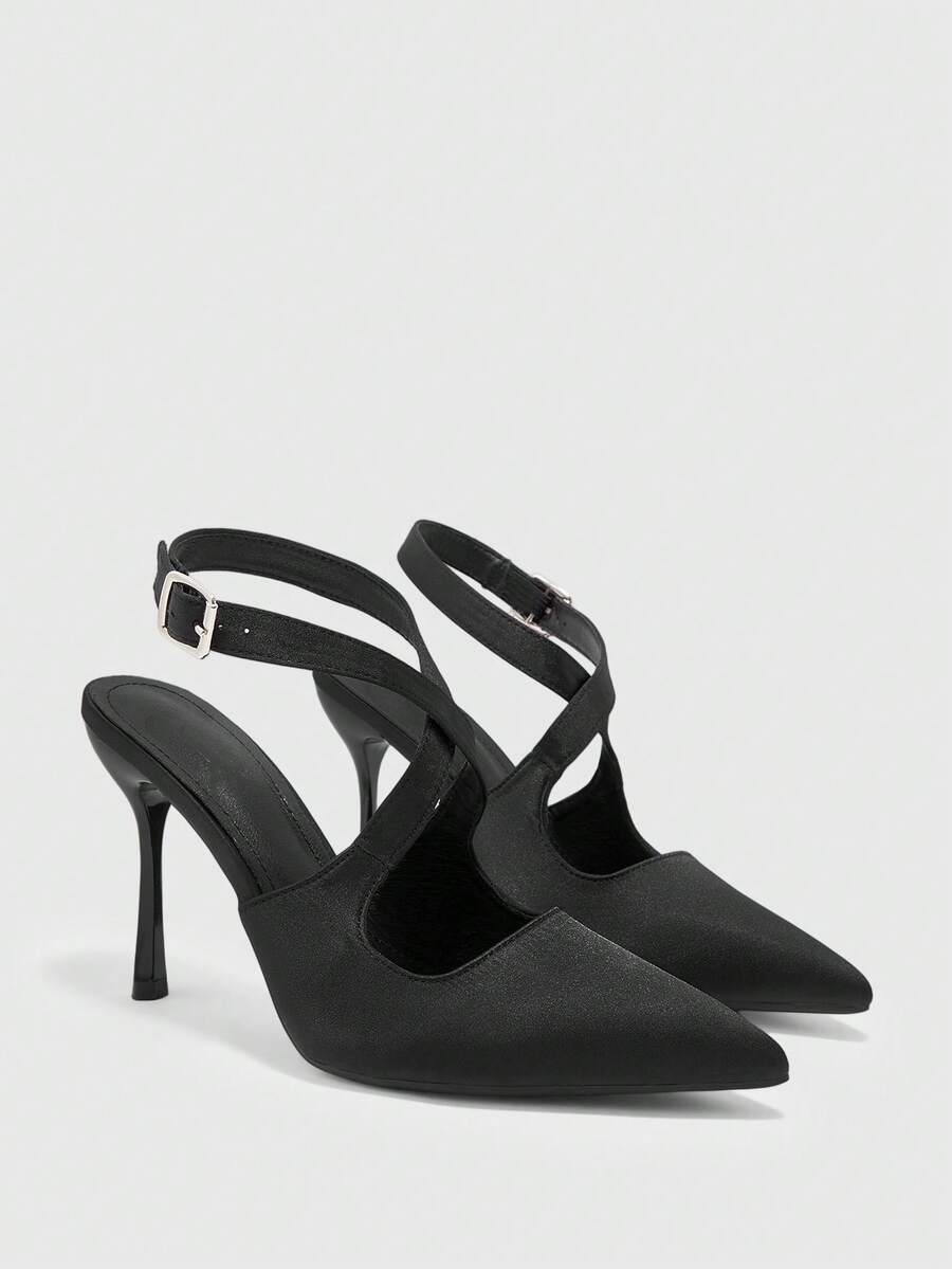 CUCCOO BIZCHIC Simple Rear Empty Buckle Strap Stiletto High Heels, Daily Commuting Versatile Women's Shoes - Sardines Black - View 1