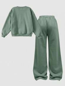 SHEIN Girlism 青少年女孩秋冬休閒抓絨內裡加厚運動衫套裝，紐約市印花，寬鬆圓領落肩長袖套頭衫，搭配印花百褶寬腿直筒運動長褲，2件式運動風套裝，麻灰色 - 綠色 - 查看 2