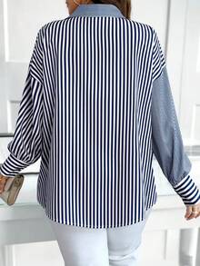 Calvaya Plus Size Casual Commuter Striped Patchwork Shirt - Multicolor - View 2