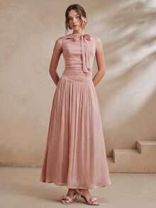 Anewsta Elegant Women's New Party Banquet Lotus Pink Shiny Fabric Patchwork Neckline Tie Bow Sleeveless Waist-Cinching A-Line Long Dress - Dusty Pink - View 2