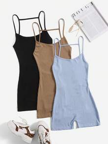 SHEIN EZwear 3pcs Solid Backless Cami Romper - Multicolor - View 2