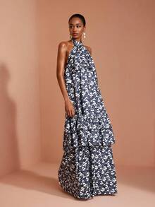 JIAN LASALA Knit Halter Neck Sleeveless Double Ruffle Layers Cold Shoulder Long Dress Elegant Tropical Jamaican Vacation Garden Party Navy Blue Floral Summer - Multicolor - View 5