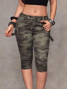 Jeanoix Y2K Fashion Cargo Pocket Camouflage Cropped Slim Fit Jeans - Multicolor - View 7