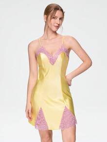 Bonmuse 1件女款性感細肩帶睡裙，絲滑緞面睡衣，蕾絲飾邊對比色睡裙，四季適用 - 黃色 - 查看 4