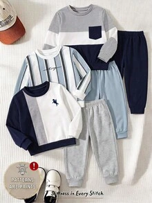 小男孩休閒極簡配色拼接圖案運動衫套裝 3件組 適合秋冬 - 彩色 - 查看 1