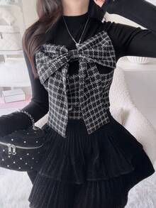 FRIFUL Women's Patchwork Houndstooth Bow Decor Long Sleeve Fashion T-Shirt Fall - Black - View 7