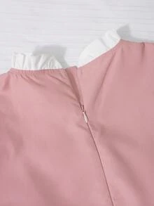 SHEIN 少女休閒返校風春夏秋冬粉色優雅長袖蝴蝶結裝飾荷葉邊下擺高腰洋裝 - 粉色 - 查看 4