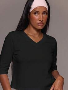 MUSERA ESSENTIALS Atasan Katun Campuran Leher V Lengan Seperempat Longgar Model Kaos Dasar Sehari-hari yang Lucu dan Seksi untuk Musim Semi dan Musim Panas - Hitam - View 2