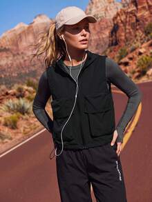 Exploreva Exploreva Women's Zipper Front Utility Pocket Outdoor Vest Jacket - Black - View 3
