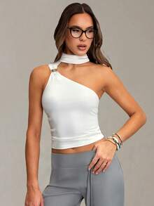 Avenya Women's White Asymmetric Twist Metal Decor Ribbon T-Shirt - White - View 3