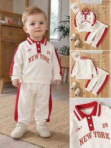 SHEIN Playful Pals 2件組 幼兒男童 Polo 衫長褲套裝 學院風 白色紅配色 紐約條紋 長袖翻領 生日男孩 春秋慢跑穿搭 - 紅白色 - 查看 11