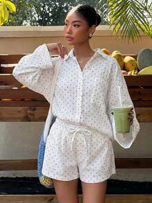 SHEIN EZwear 女款秋季新款休閒度假風黑白波點編織落肩長袖襯衫短褲套裝，適合海灘度假 - 黑與白 - 查看 3