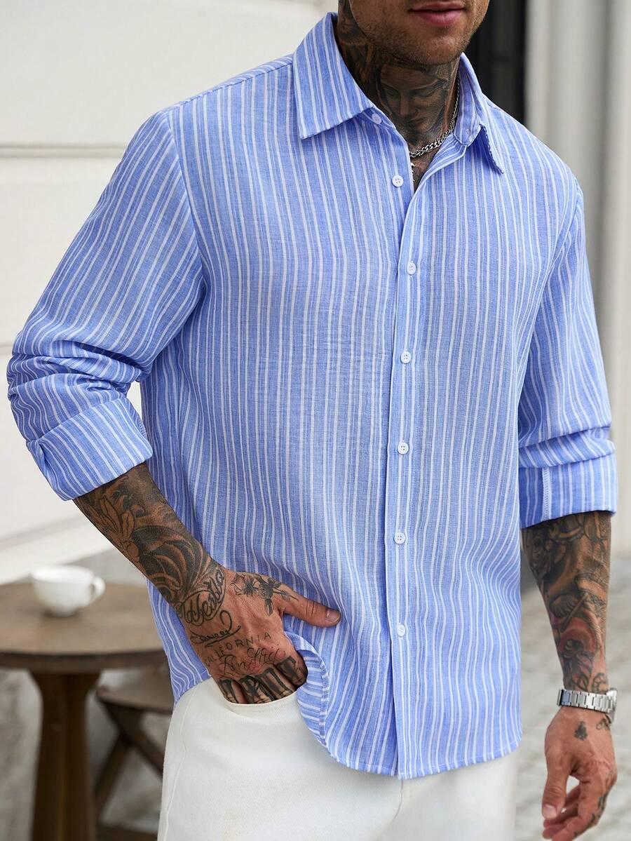 Manfinity CasualCool Casual Fashion Versatile Woven Striped Blue And White Shirt - Blue and White - View 1