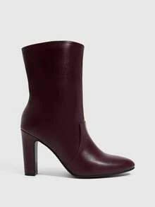 Daringsoles 女款純色圓頭粗跟套腳中筒靴，日常通勤辦公百搭人造皮革短靴 - 酒紅色 - 查看 1