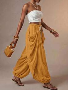 Zivah Women's Designer Drawstring Waist Pleated Long Pants For Beach Vacation - Mustard Yellow - View 7