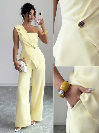 Elenzga Women's Autumn New Elegant Commute 2 Pieces Set, Light Yellow Woven Asymmetric Shoulder Sleeveless Blouse + Straight Leg Wide Leg Pants, Women's Casual Wear, Women's Work Suit