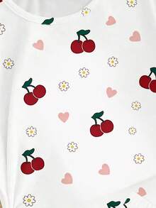 Set de 2 piezas de camiseta de manga corta con estampado de frutas y cerezas y pantalones cortos casuales para niñas, uso cómodo para primavera, verano y otoño - Multicolor - Ver 7