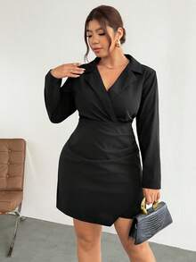 Firerie Vestido Blazer de Manga Longa com Gola Lapela Cor Sólida para Mulheres Plus Size, Elegante para Escritório, Jantar, Negócios, Trabalho, Festa de Verão, Preto - Preto - Visão 5