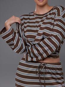 Voyena Women's Plus Size Striped Colorblock Long Sleeve Top And Shorts Casual Daily Sports Set - Coffee Brown - View 6