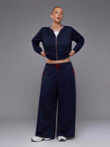 Voyena Women's Plus Size Hooded Sweatshirt & Sweatpants Sports Set - Navy Blue - View 4