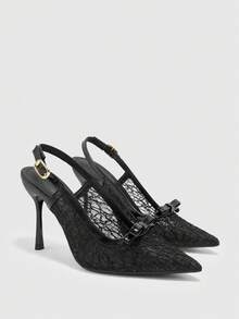 CUCCOO BIZCHIC 簡約後空扣帶細高跟鞋，日常通勤百搭女鞋 - 蕾絲網黑-3 - 查看 1