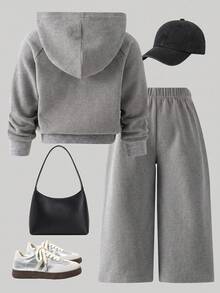 SHEIN Young Girl 2pcs Zip Up Hooded Sweatshirt And Wide Leg Pants Set Embroidery Jacket Loose Trousers Preppy Fleece Lined Tracksuit , For Autumn And Winter - Grey - View 3