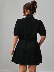 Elenzga Plus Size Women Elegant Comfortable Loose Deep Blue Non-Stretch Denim Dress - Black - View 2