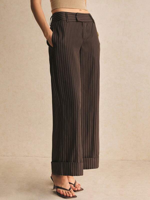 Poéselle Women's Fashion Striped Pocket Suit Pants For Business Office,Chocolate Brown Striped Pants,Formal Pants,Fall Winter 2026.