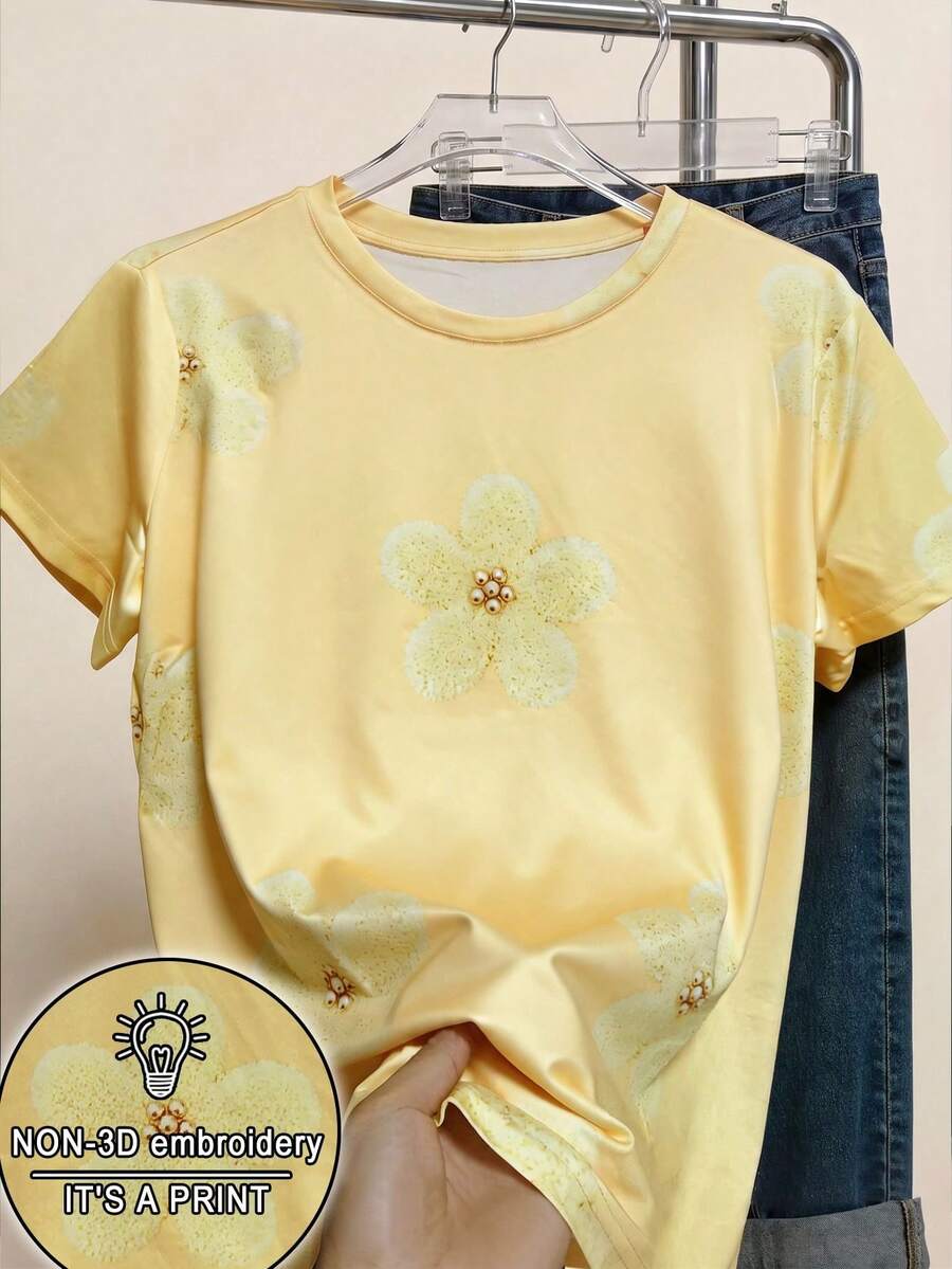 SHEIN 女士全幅印花休闲T恤,可爱花朵图案,Y2K街头时尚,返校季T恤,度假休闲印花T恤 - 彩色 - 查看 1
