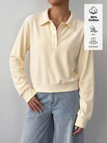 SHEIN BASICS Women's Cream White Polo Collar Long Sleeve Casual Top Cotton Going Out Everyday Travel Everyday Home School Graduation College Outfits Autumn - Light Yellow - View 3