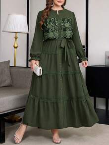Reflora Plus Size Vacation Fashion Lace Patchwork Flared Cuff Button Dress Autumn Formal Wedding Dinner Dark Green Elegant Asean Filipiniana - Green - View 5