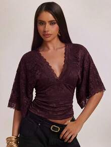 SHEIN BAE Elegantes, sexy Damen-Top mit tiefem V-Ausschnitt, Spitzen-Patchwork und floralem transparentem Design, geeignet für Lässig, Ausgehen, Boho-Stil, Spitzen-Top, beiges Top, Sommer-Top - Kastanienbraun - Übersicht 4