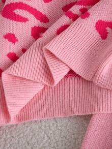 SHEIN Playful Pals 女童豹紋高領長袖毛衣與直筒長褲套裝，休閒外出與派對百搭秋季穿搭 - 粉色 - 查看 3
