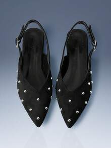 CUCCOO GRLICON Black Velvet Pointed Rivets Back Strap Flat-Soled Shoes Women's Retro Versatile And Thin Mary Jane Shoes Fall Shoes - Black - View 6