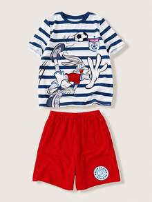 LOONEY TUNES X SHEIN Tween Boy Striped Cartoon Print T-Shirt & Shorts Set - Blue - View 1