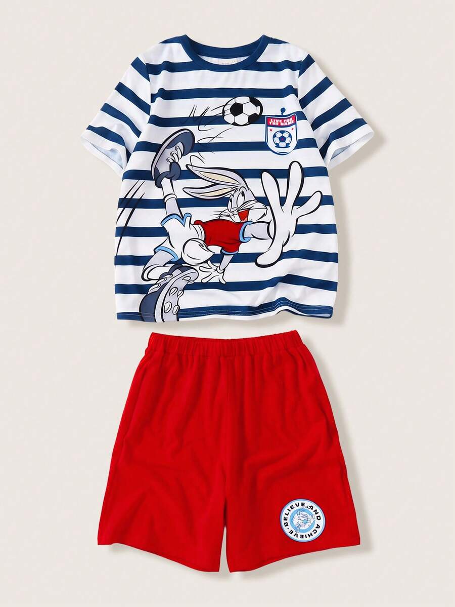 LOONEY TUNES X SHEIN Tween Boy Striped Cartoon Print T-Shirt & Shorts Set - Blue - View 1