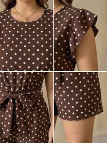 SHEIN CURVE+ Plus Size Women Brown Polka Dot Flutter Sleeve Shorts 2 Pieces Set, Casual Comfortable Outfit For Autumn/Winter - Multicolor - View 5