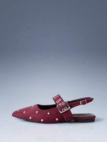 CUCCOO GRLICON Burgundy Velvet Pointed Rivets Rear Strap Flat-Soled Shoes Women's Retro Versatile And Thin Mary Jane Shoes Fall Shoes - Burgundy - View 2
