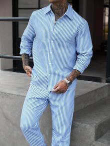 Manfinity CasualCool 男士條紋單排扣襯衫與長褲休閒套裝 - 藍白色 - 查看 3
