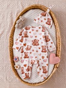 2 Potong Baju Terusan Bayi Rajut Lembut Lengan Panjang Model Musim Gugur/Dingin dengan Motif Beruang Lucu di Seluruh Permukaan, Hadiah Terbaik untuk Bayi Baru Lahir - MultiWarna - View 3