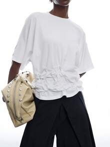 LYSMO Women's Solid Color Pleated Casual Versatile Daily Wear T-Shirt - White - View 7
