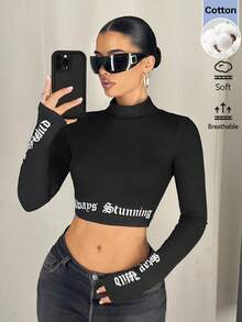 SHEIN ICON 黑色 Gorpcore 立領拇指孔挖空字母 T 恤 - 黑色 - 查看 1