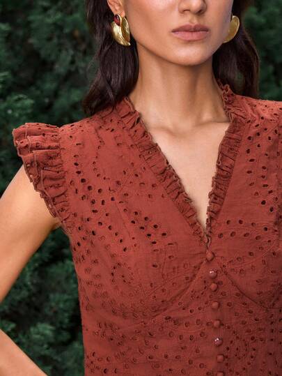 VOLUPTÉ CURVE Women's Spring/Summer Red Brown Pure Cotton Cinched Waist A-Line Maxi Dress, V-Neck Ruffle Sleeve Elegant Vacation Dress