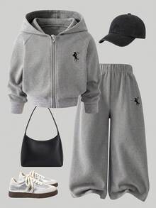 SHEIN Young Girl 2pcs Zip Up Hooded Sweatshirt And Wide Leg Pants Set Embroidery Jacket Loose Trousers Preppy Fleece Lined Tracksuit , For Autumn And Winter - Grey - View 4