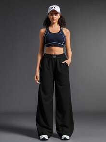 SHEIN Sports Women's Letter Print Denim Casual Daily Outdoor Long Pants - Black - View 3