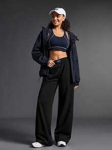 SHEIN Sports Women's Letter Print Denim Casual Daily Outdoor Long Pants - Black - View 8