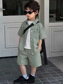 DAZY Young Boys Turn Collar Short Sleeve Washed Denim Top Denim Set - Light Wash - View 4